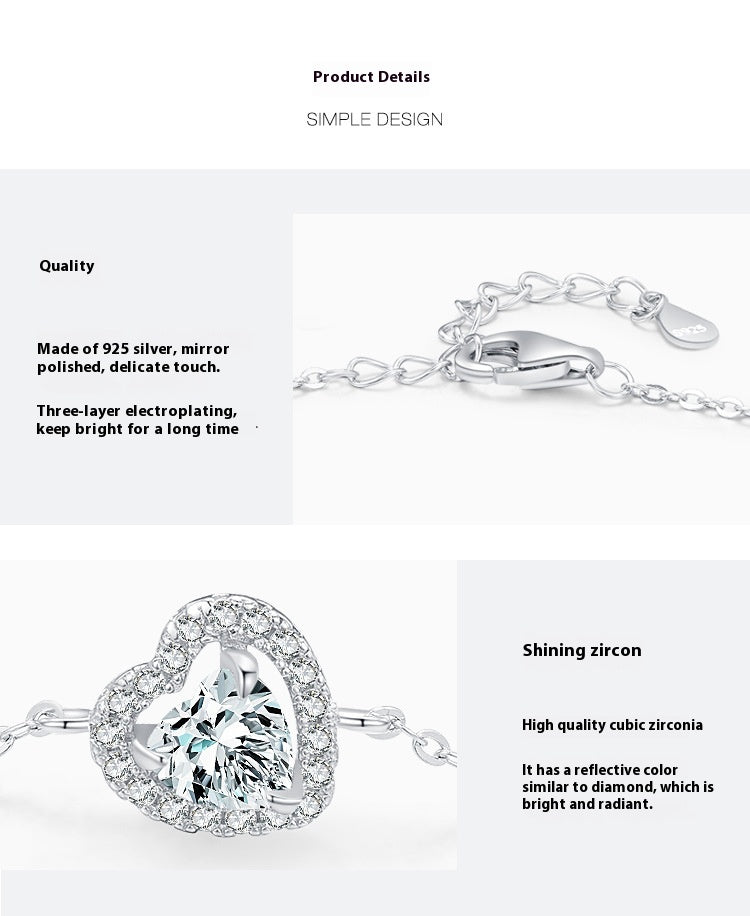 Women's S925 Sterling Silver Romantic Love Artificial Diamond Thin Bracelet
