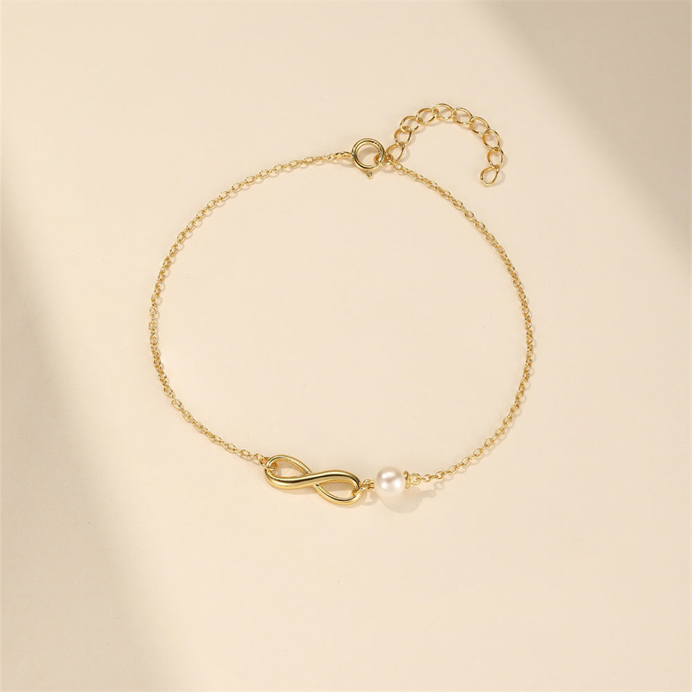 Women's Sterling Silver Glossy Eight-character Chain Pearl Bracelet