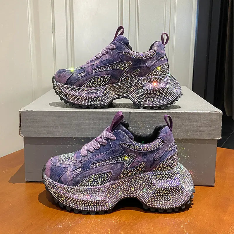 Baskets Plateforme Femme Paillettes Diamant Violet Daim Luxe - BMYANY