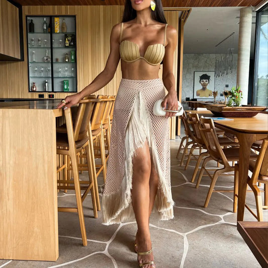 Bikini Femme 3 Pièces avec Jupe Tulle à Pompons - Ensemble Glamour - BMYANY