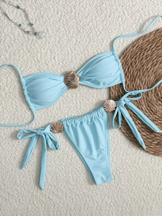 Bikini Femme Taille Haute Coquillage Métallique Lacé - Sirène Glamour - BMYANY