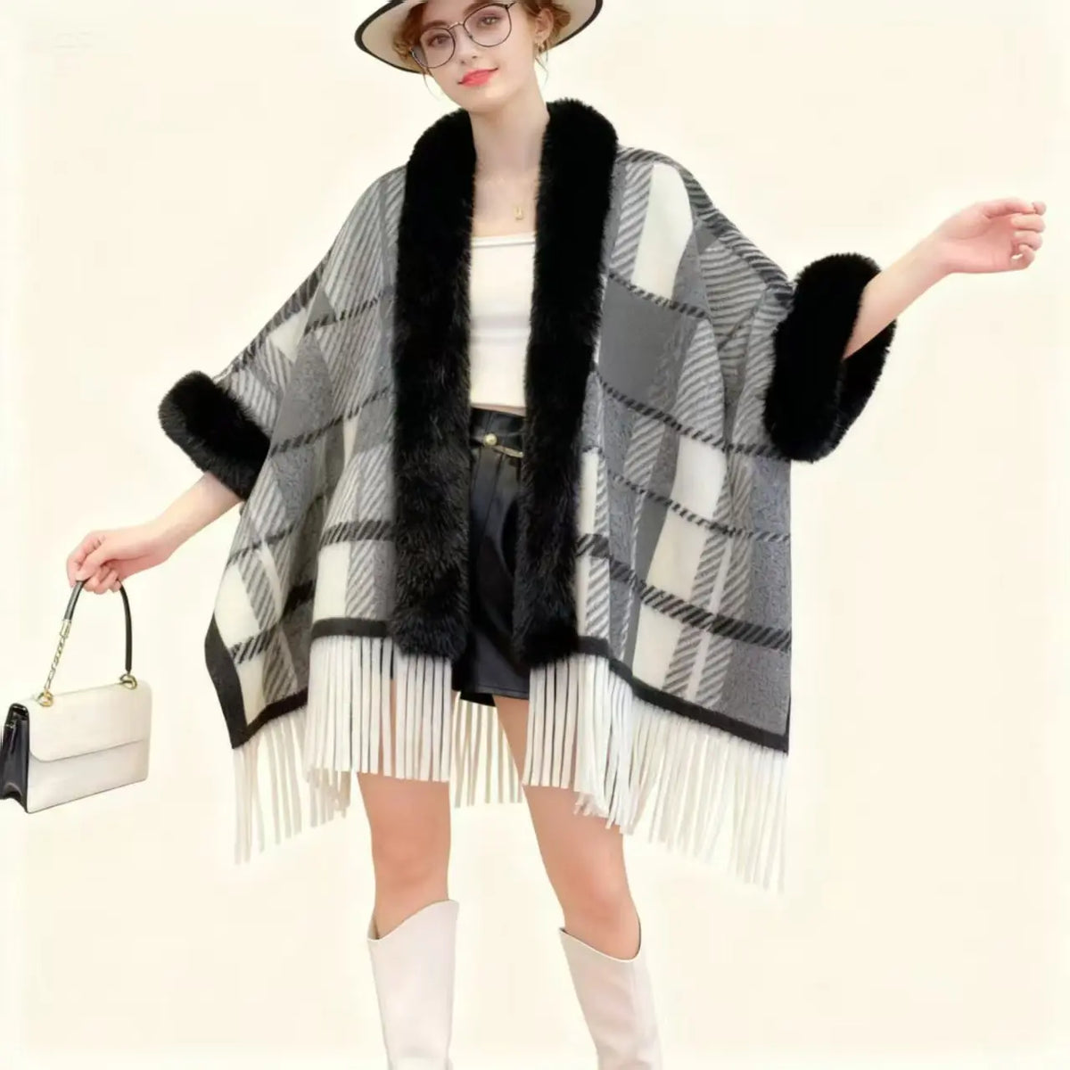Cape Poncho Femme Carreaux à Franges Casual - BMYANY