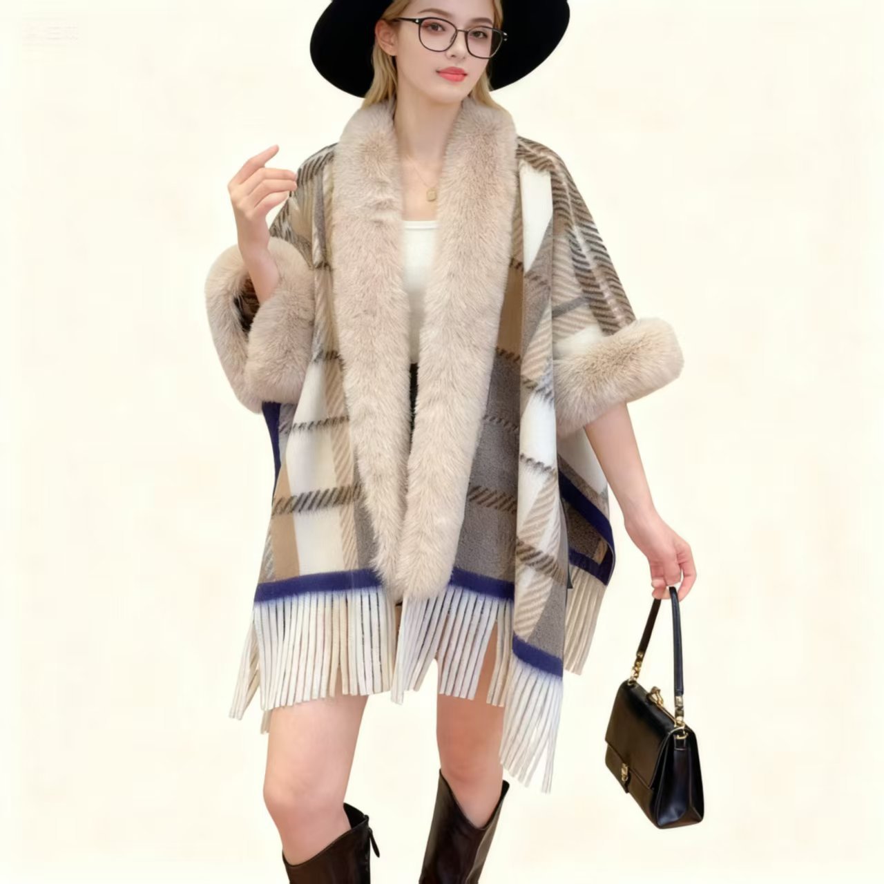 Cape Poncho Femme Carreaux à Franges Casual - BMYANY