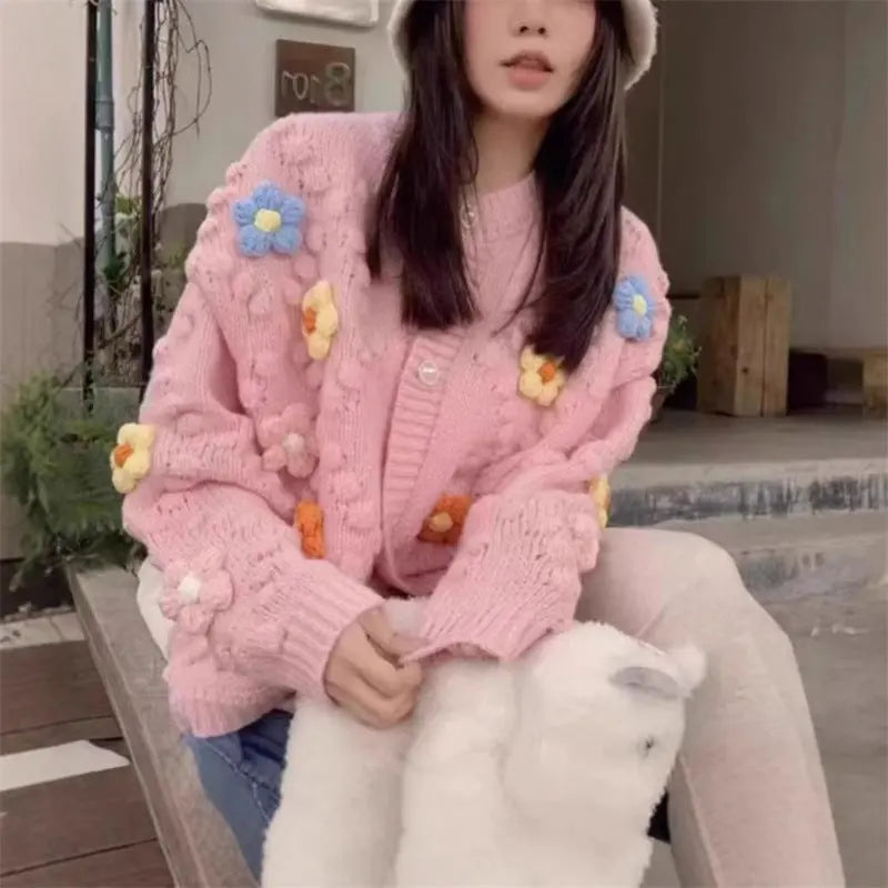 Cardigan femme style girly motif fleurs - pull manches longues polyvalent - BMYANY
