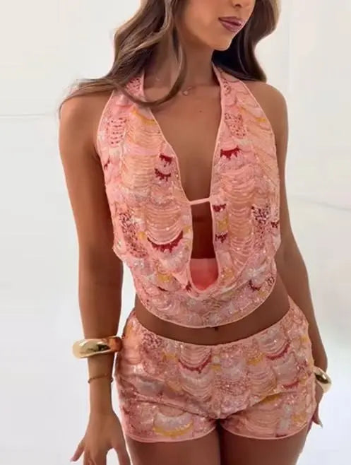 Ensemble 2 pièces Femme à Paillettes - Top Dos Nu et Short Élégant - BMYANY