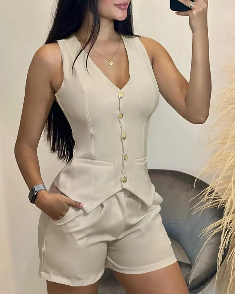 Ensemble 2 pièces Gilet Sans Manches Short Ajusté Blanc - BMYANY