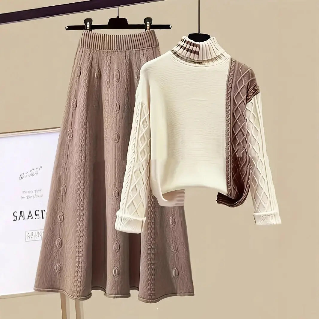 Ensemble 2 pièces élégantes Col Polo bicolore Jupe Laine - BMYANY