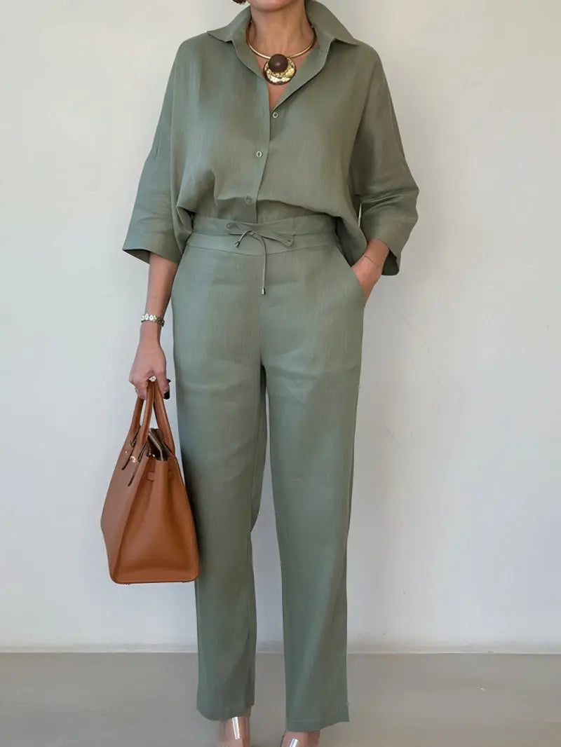 Ensemble Deux Pièces Élégant Lin - Chemise Col Polo et Pantalon Uni - BMYANY