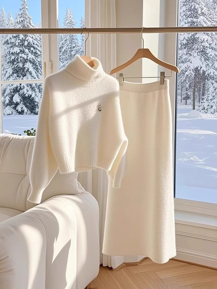 Ensemble Femme Tricot Blanc Pull et Jupe Longue Élégant - BMYANY