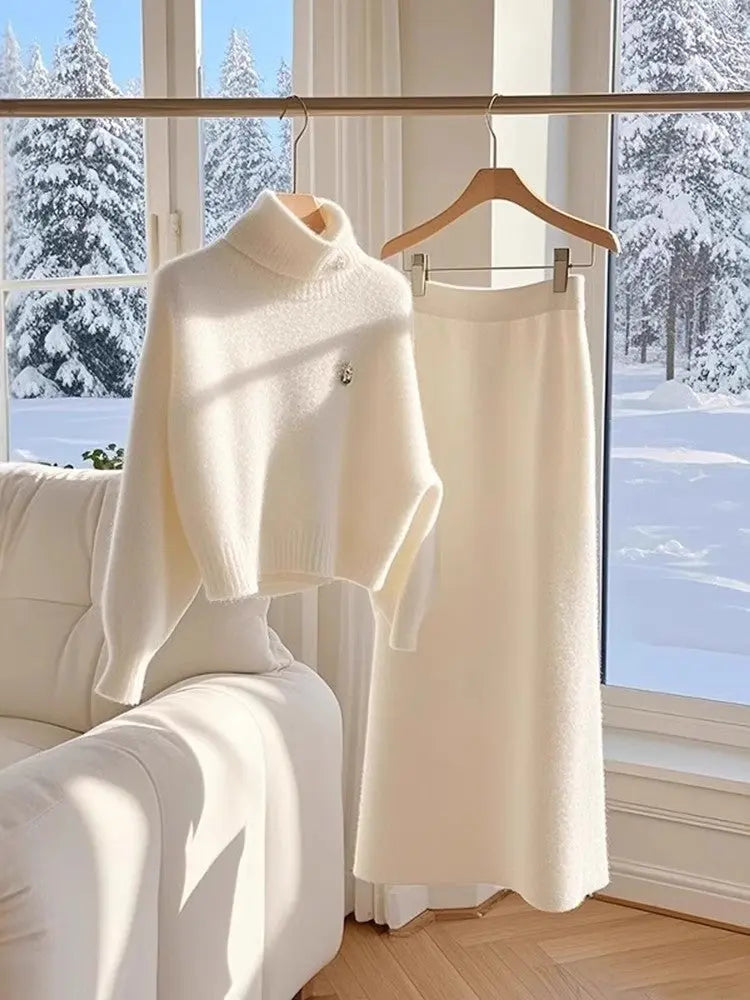 Ensemble Femme Tricot Blanc Pull et Jupe Longue Élégant - BMYANY