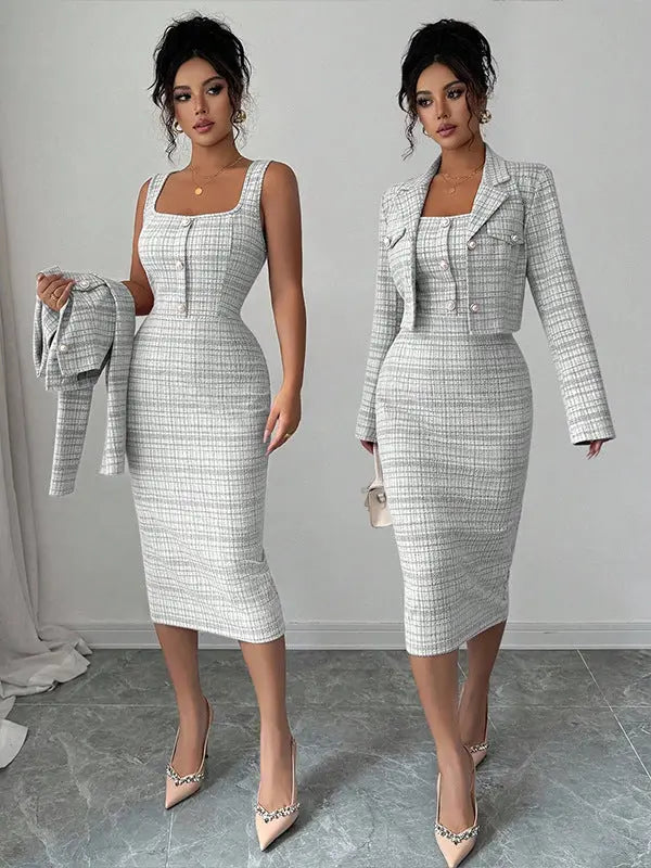 Ensemble Jupe et Veste Courte Femmes à Carreaux Col Tailleur Manches Longues - BMYANY