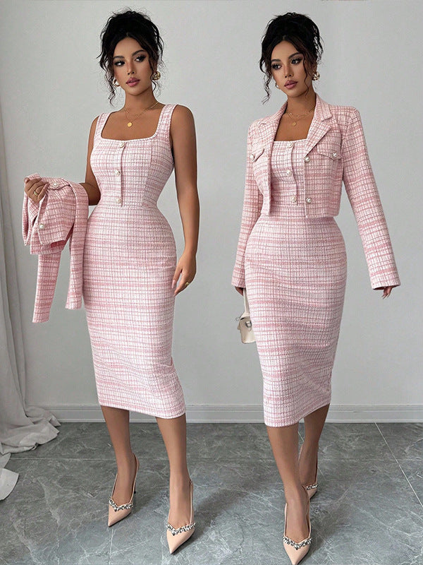 Ensemble Jupe et Veste Courte Femmes à Carreaux Col Tailleur Manches Longues - BMYANY