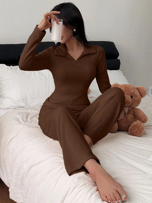 Ensemble Pyjama d’Intérieur Casual Col Polo Tricoté Manches Longues - BMYANY