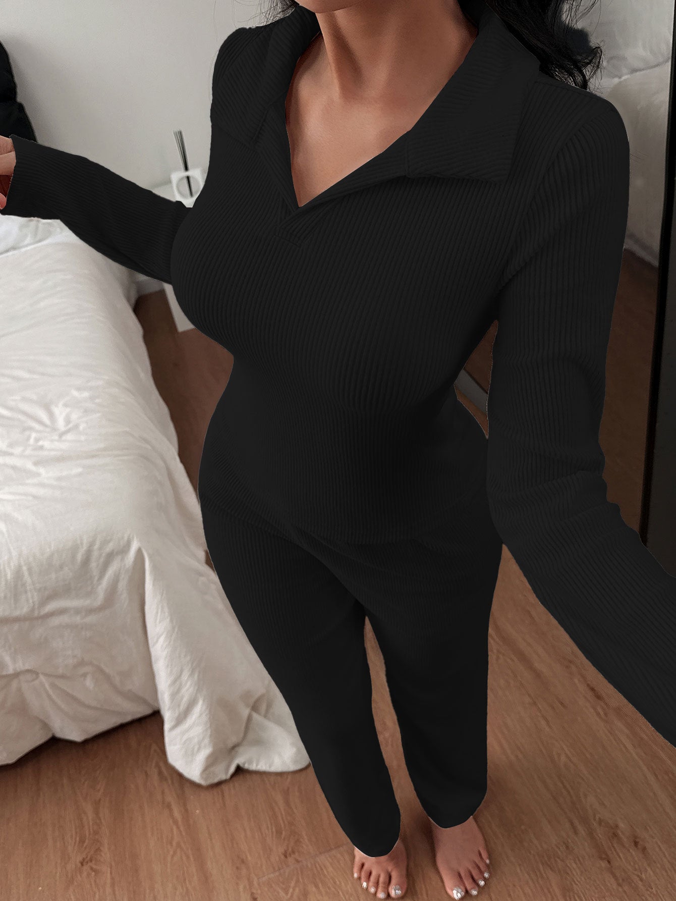 Ensemble Pyjama d’Intérieur Casual Col Polo Tricoté Manches Longues - BMYANY
