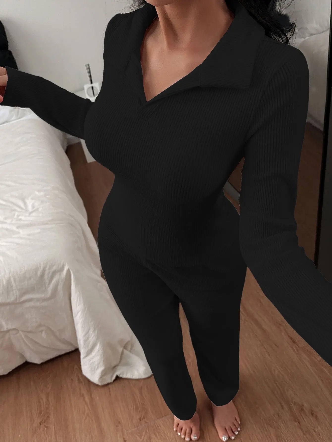 Ensemble Pyjama d’Intérieur Casual Col Polo Tricoté Manches Longues - BMYANY
