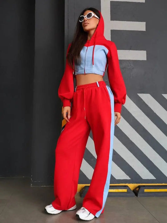 Ensemble Sweat à Capuche et Pantalon Casual Denim Patchwork Femme - BMYANY