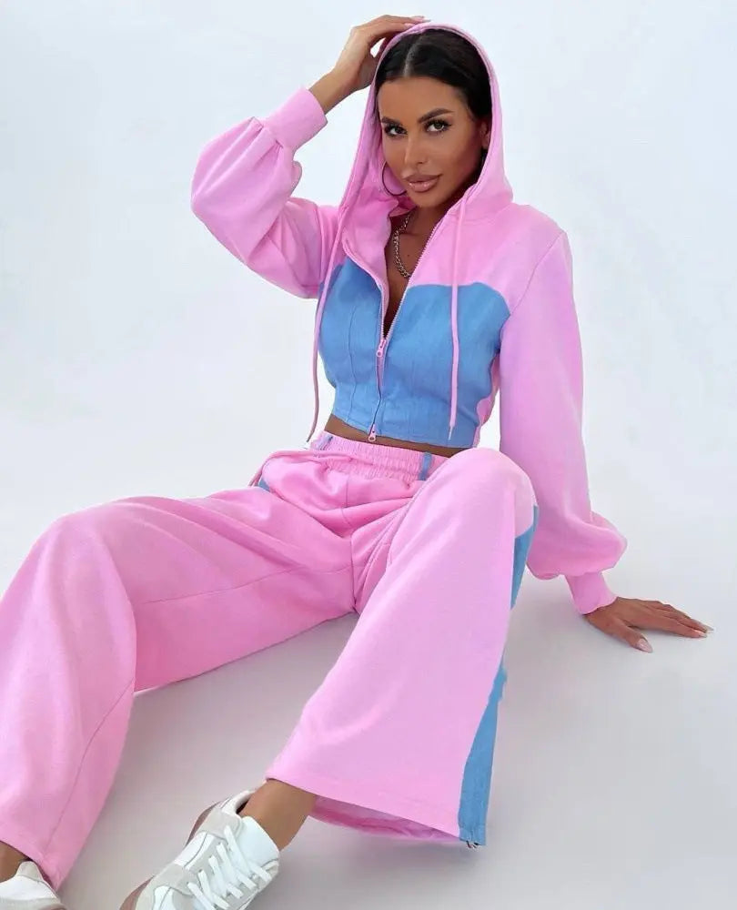 Ensemble Sweat à Capuche et Pantalon Casual Denim Patchwork Femme - BMYANY