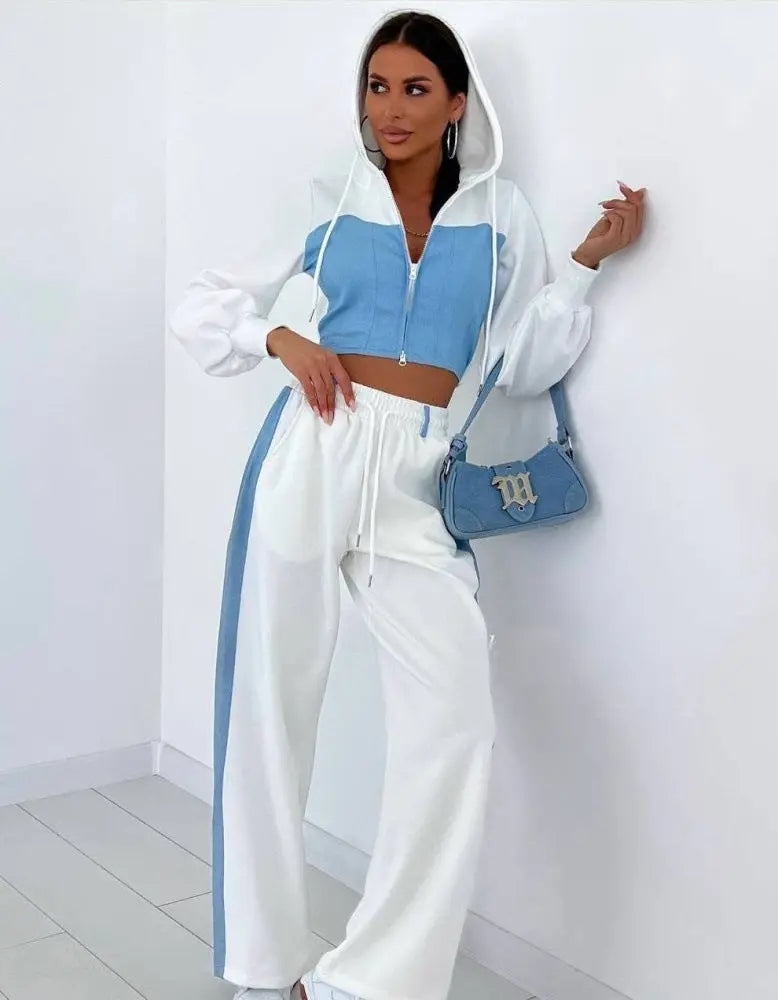 Ensemble Sweat à Capuche et Pantalon Casual Denim Patchwork Femme - BMYANY