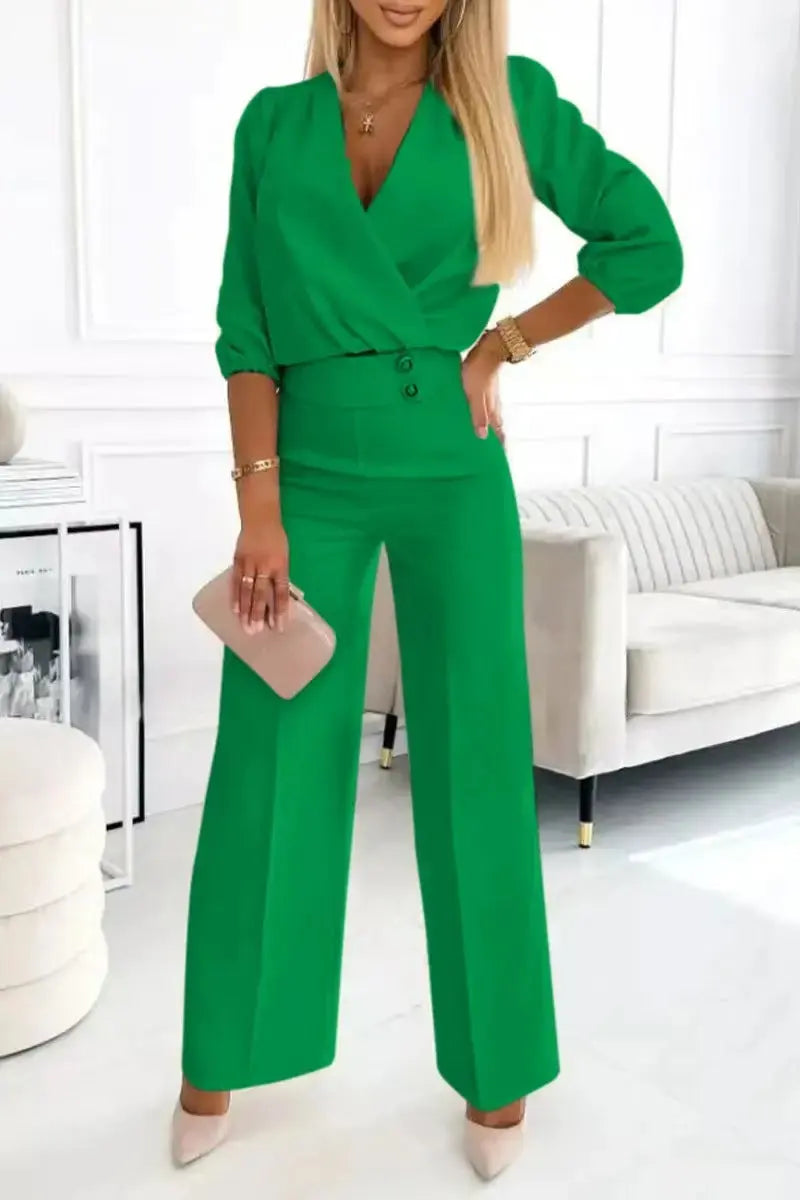 Ensemble Tailleur Femme 2 Pièces Col V Uni - Veste et Pantalon - BMYANY