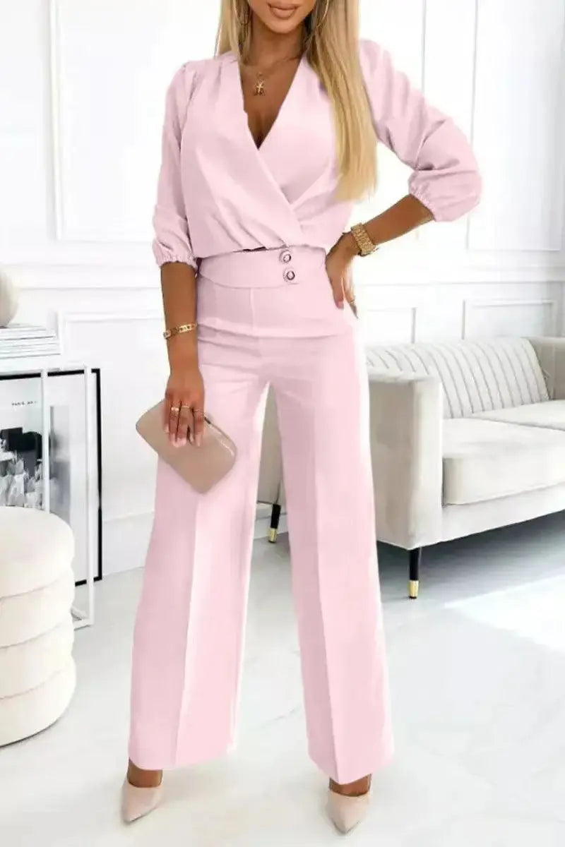 Ensemble Tailleur Femme 2 Pièces Col V Uni - Veste et Pantalon - BMYANY