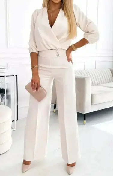Ensemble Tailleur Femme 2 Pièces Col V Uni - Veste et Pantalon - BMYANY
