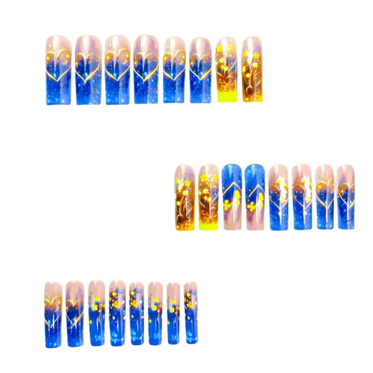 Faux Ongles Fleurs Bleues Dorées 24 Pièces Amovibles - BMYANY