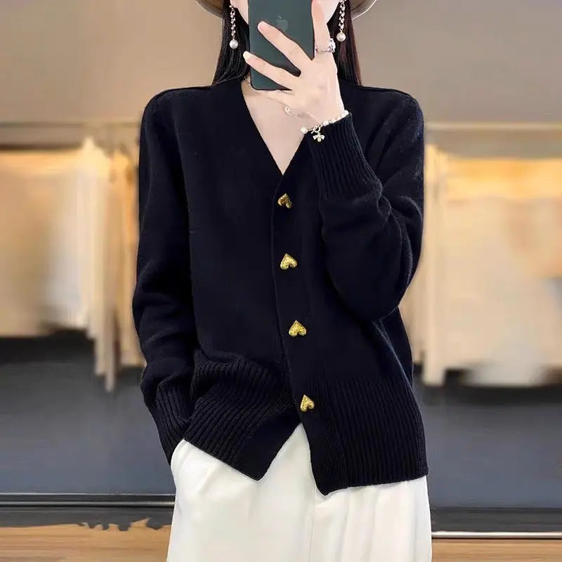 Gilet cardigan ample en maille avec boucle en forme de cœur pour femme - BMYANY