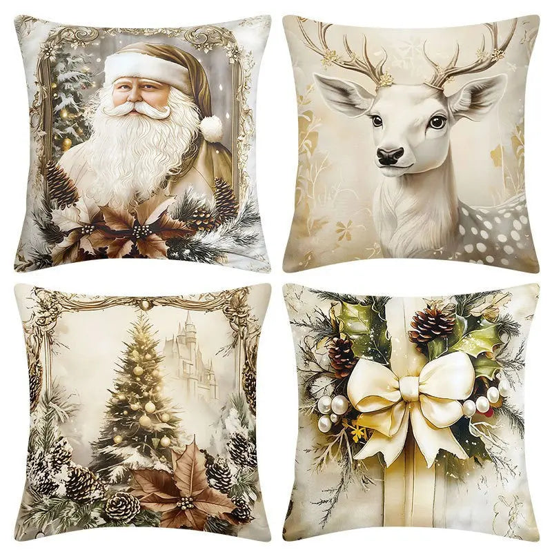 Housse Coussin Noël Lin - Décoration Canapé Renne Lapin Festif - BMYANY