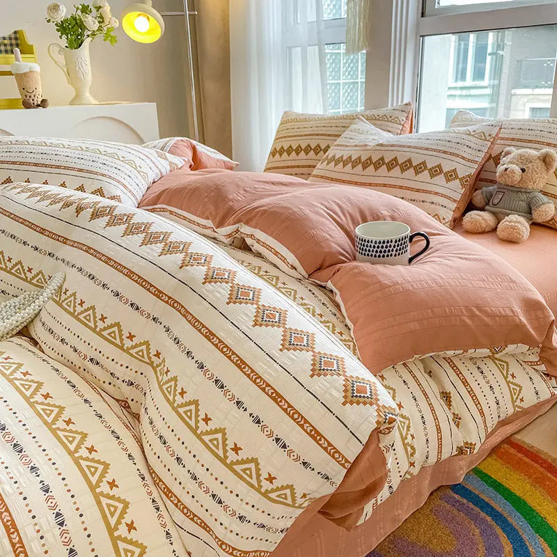 Housse de Couette 4 Pièces Coton Jacquard Doux - BMYANY