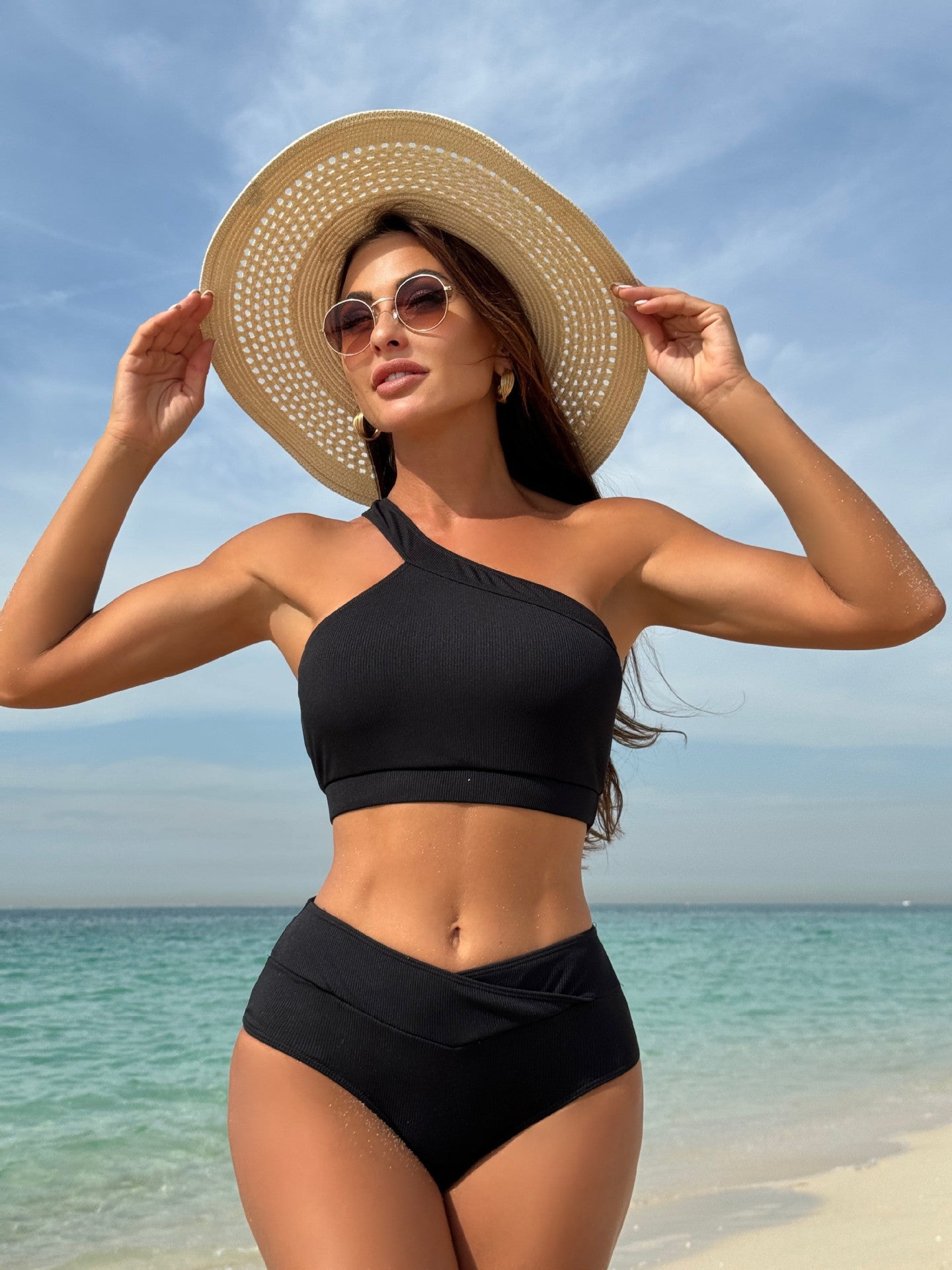 Maillot de bain femmes taille haute à rayures fendues à une épaule - BMYANY
