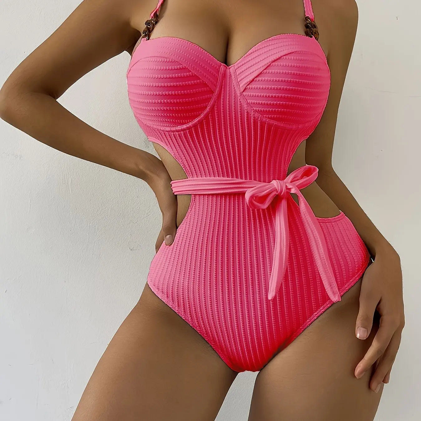 Maillot de bain pour femmes dos nu blanc motif ondulé push-up - BMYANY