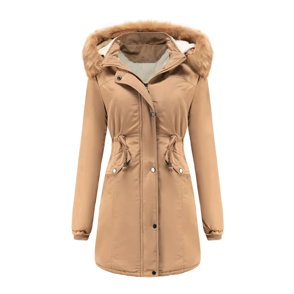 Manteau Femme Coton Velours Capuche Amovible Grand Col Fourrure - BMYANY