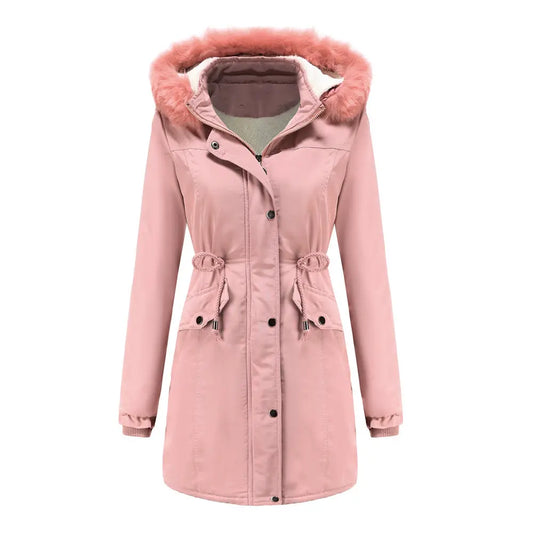 Manteau Femme Coton Velours Capuche Amovible Grand Col Fourrure - BMYANY