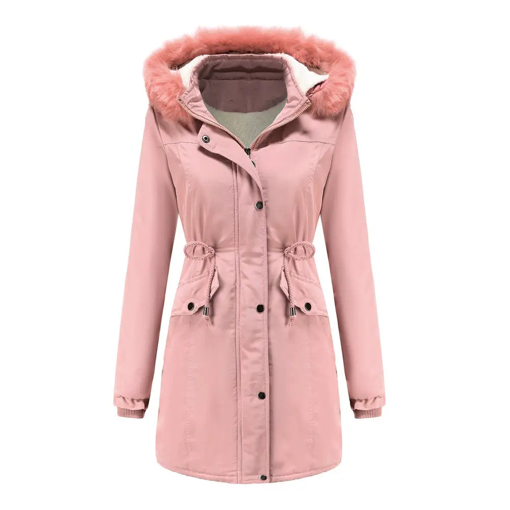 Manteau Femme Coton Velours Capuche Amovible Grand Col Fourrure - BMYANY