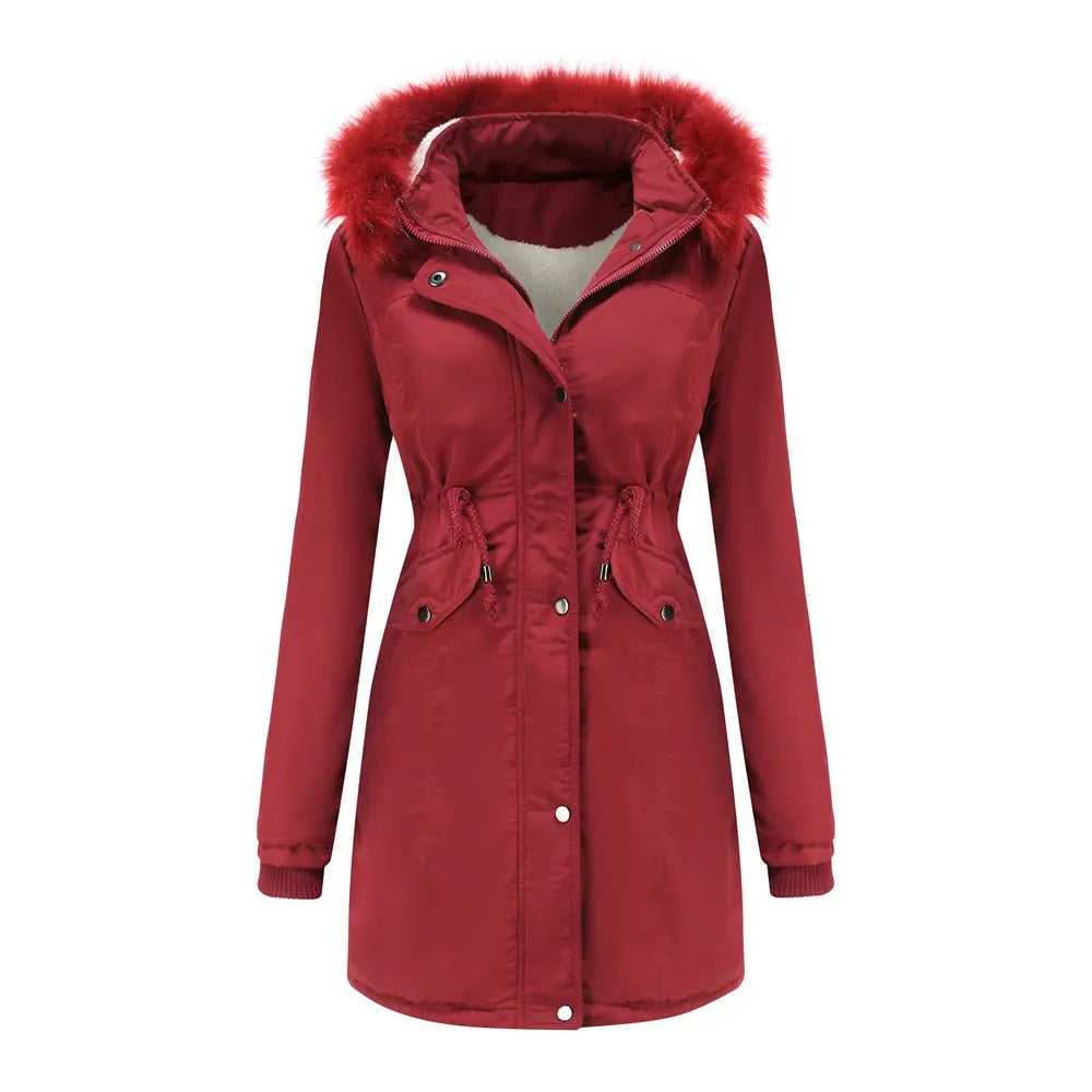 Manteau Femme Coton Velours Capuche Amovible Grand Col Fourrure - BMYANY