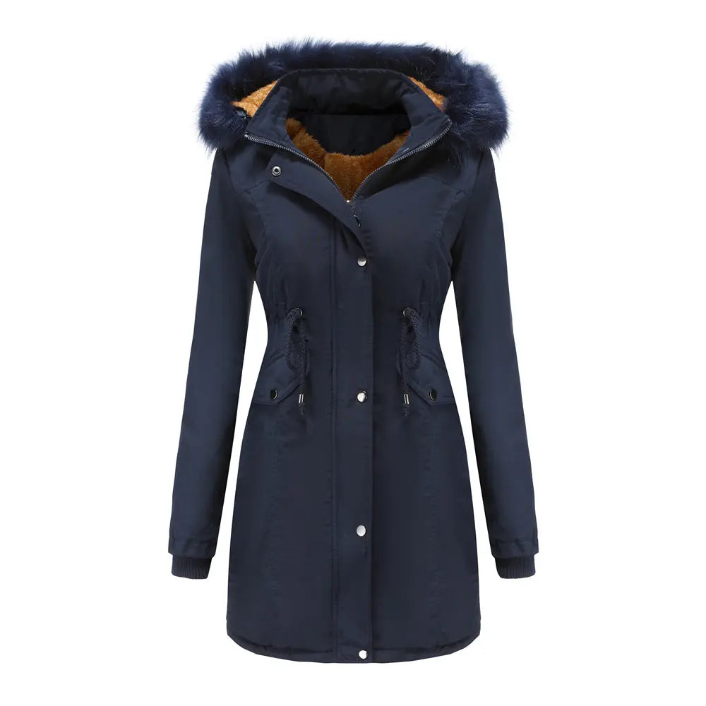 Manteau Femme Coton Velours Capuche Amovible Grand Col Fourrure - BMYANY