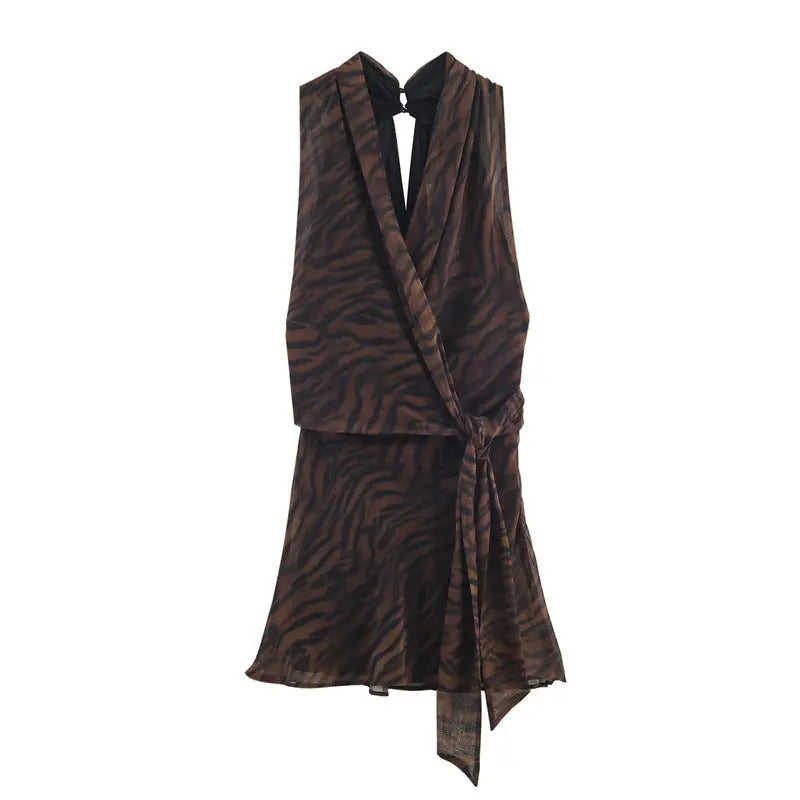 Mini Robe Femme imprimé Animal Croisée Plissée Sans Manches - BMYANY