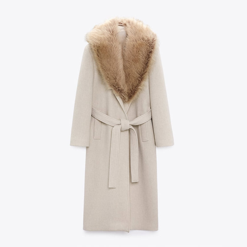 Pardessus Long en Laine pour Femme avec Col en Fourrure - BMYANY