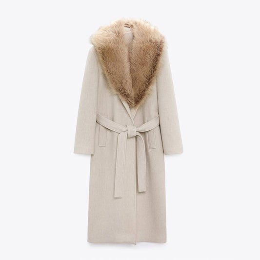 Pardessus Long en Laine pour Femme avec Col en Fourrure - BMYANY