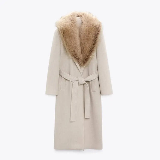 Pardessus Long en Laine pour Femme avec Col en Fourrure - BMYANY