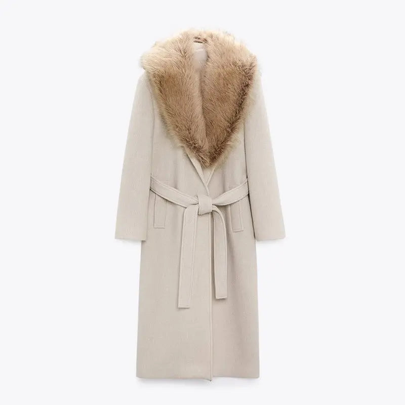 Pardessus Long en Laine pour Femme avec Col en Fourrure - BMYANY