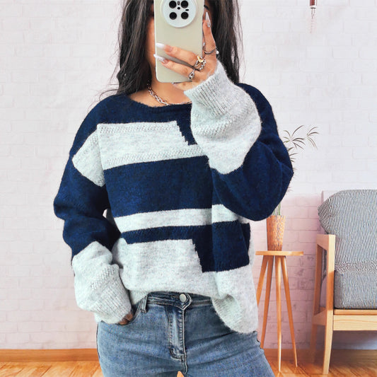 Pull Femme Col Rond Manches Longues Asymétrique Bicolore Casual - BMYANY