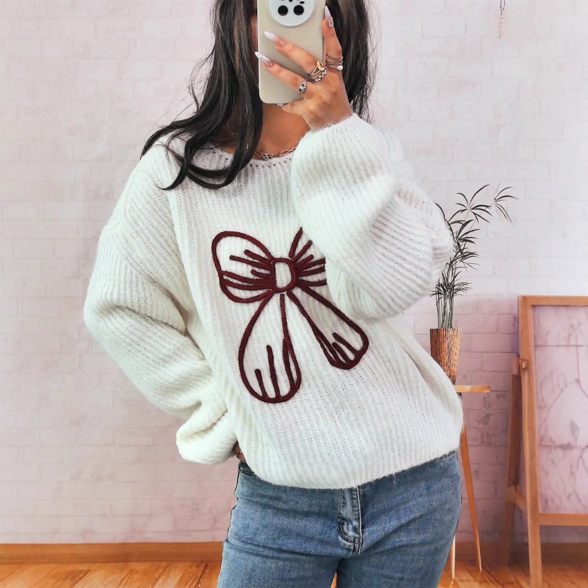 Pull Femme Tricoté Manches Longues Casual avec Nœud Brodé - BMYANY