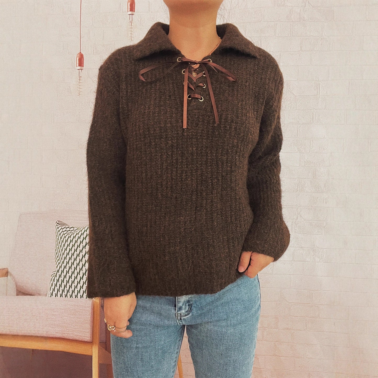 Pull Femmes simple à col châle noué en maille couleur unie ample - BMYANY
