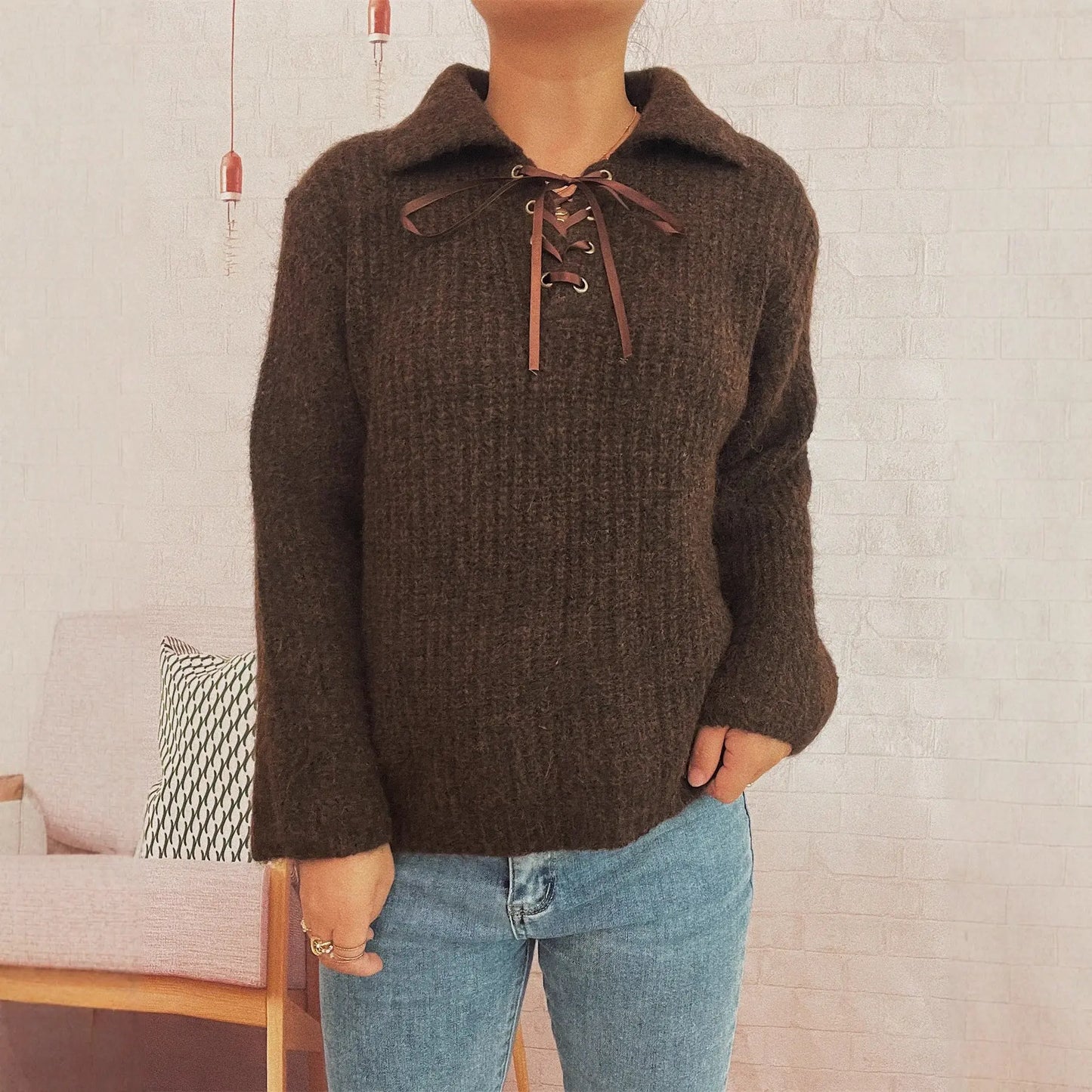 Pull Femmes simple à col châle noué en maille couleur unie ample - BMYANY
