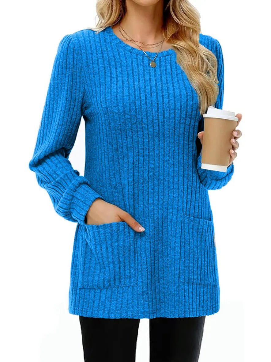 Pull Mi-long Col Rond Rayures Uni avec Poches - BMYANY