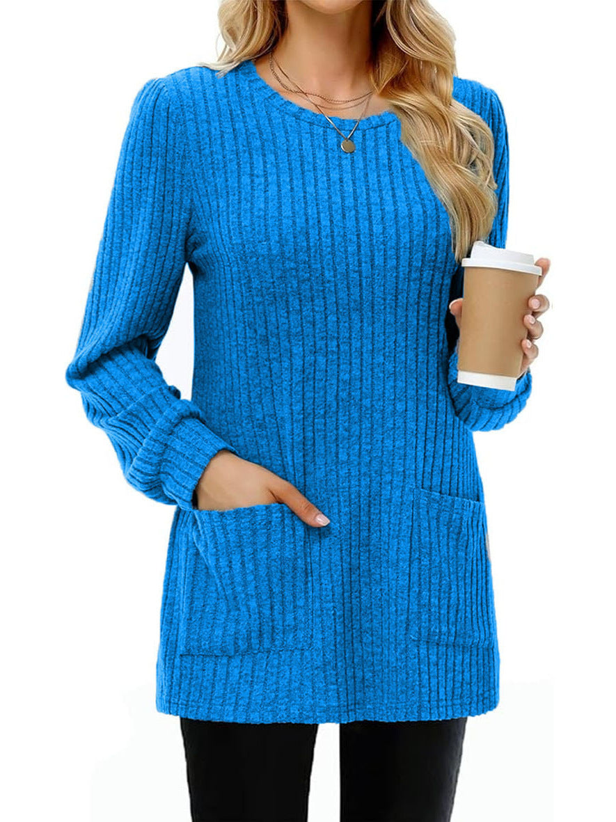 Pull Mi-long Col Rond Rayures Uni avec Poches - BMYANY
