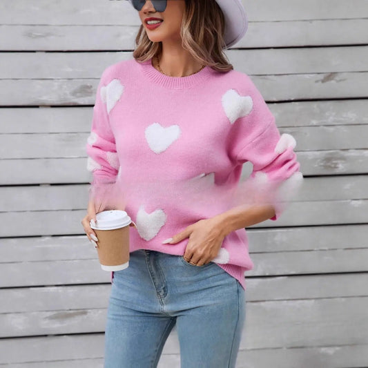 Pull Tricoté Manches Longues Motif Cœur Femme - BMYANY