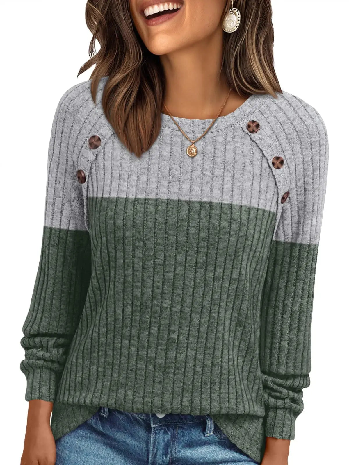 Pull femme Col rond manches longues rayures brossé confortable couleur unie - BMYANY