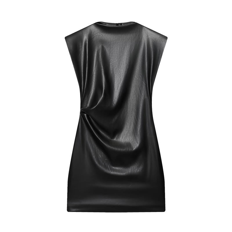 Robe Courte Femme Ajustée Simili Cuir Épaules - BMYANY